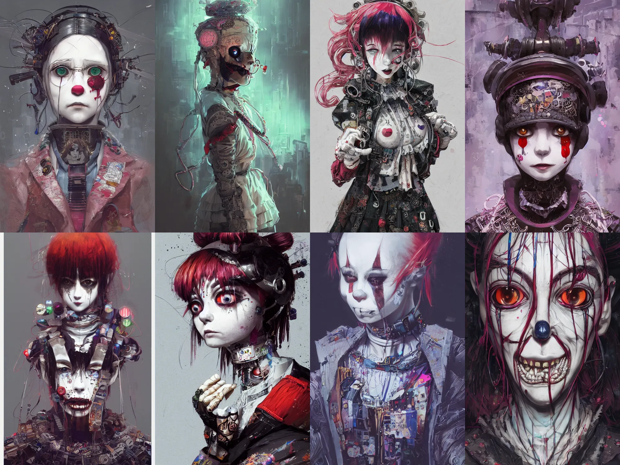 Prompt: by kyoto animation, very creepy clown girl, wearing cyberpunk intricate streetwear, beautiful, detailed portrait, intricate complexity, ilya kuvshinov, cell shaded, 4 k, concept art, by wlop, ilya kuvshinov, artgerm, krenz cushart, greg rutkowski, sharp focus, volumetric lighting, cinematic lighting, studio quality