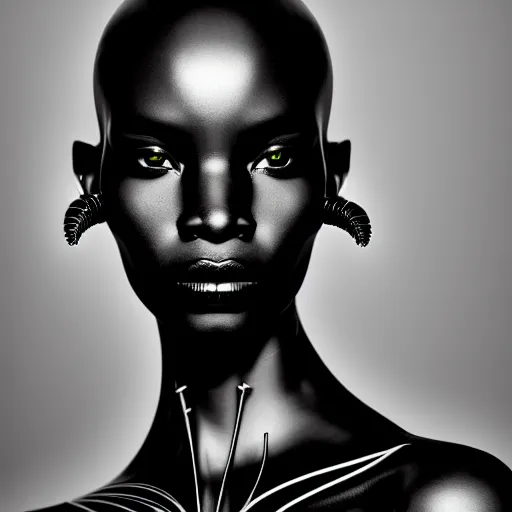 Image similar to portrait of an absurdly beautiful, graceful, sophisticated, fashionable black cyberpunk mechanoid gravure idol, ultrafine hyperdetailed illustration by irakli nadar, alek wek, matt wisniewski style, intricate linework, ebony skin, neon jellyfish headdress, ivory carved ruff, unreal engine 5 highly rendered, global illumination, radiant light, detailed and intricate environment