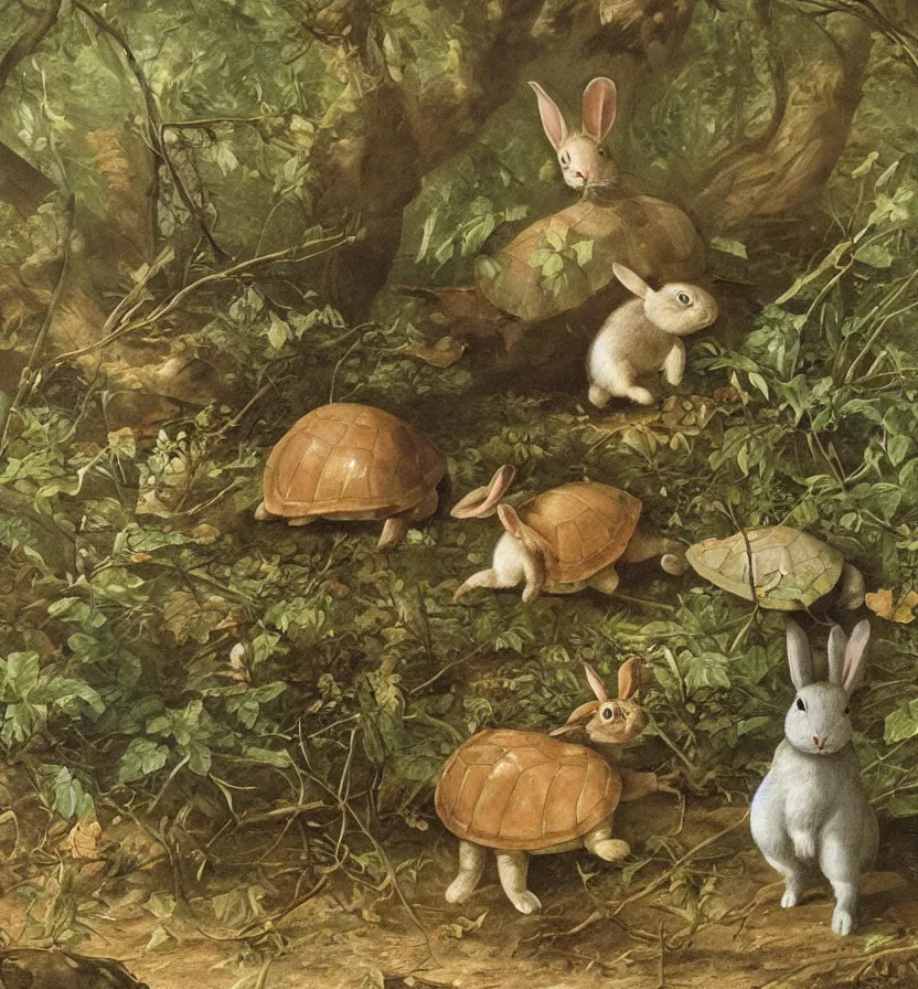 Prompt: a beautiful portrait of a rabbit and a turtle competing athletes running in a forest, beksinskil