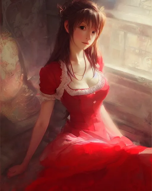 Image similar to aerith gainsborough in red lace skirt, portrait, illustration, rim light, top light, perfectly shaded, soft painting, art by krenz cushart and wenjun lin