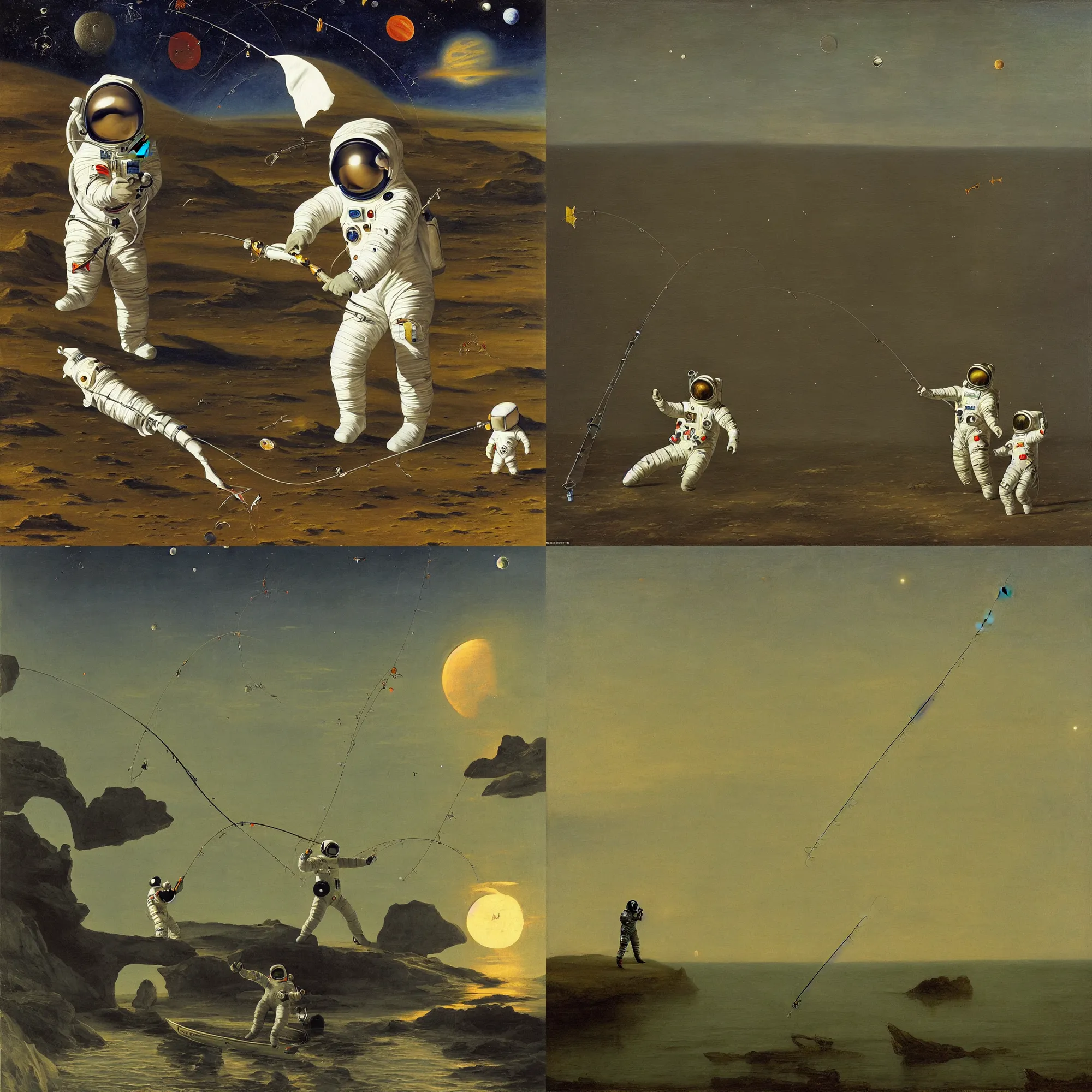 Prompt: astronaut in a spacesuit fishing and catching fish with a fishing rod from the crescent of the moon, realism, landscape