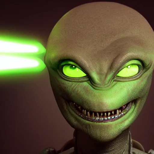 Prompt: star wars alien with purple eyes and a crooked smile, high - resolution hyperdetailed studio photo
