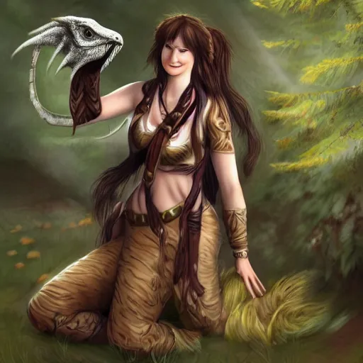 Image similar to female druid and a velociraptor, cinematic, trending in deviantart