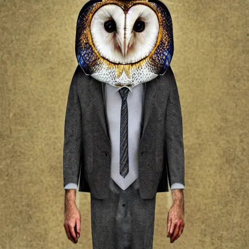 Prompt: barn owl wearing a suit, barn on dresses by emidio tucci, very detailed, album photo, canon shot