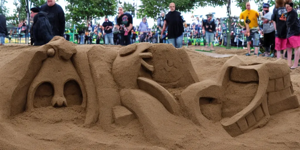 Image similar to masterfully crafted sand sculpture of a lemmy kilmister from motorhead at the playground's sandbox