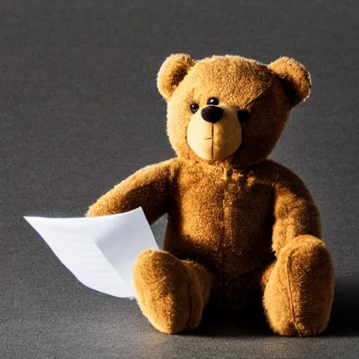 Image similar to teddy bear looking at his termination letter, screaming at it in silence,