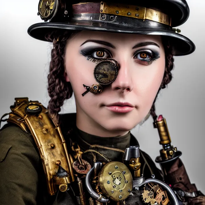 Prompt: portrait photograph of a real-life beautiful female steampunk soldier. Extremely detailed. 8k