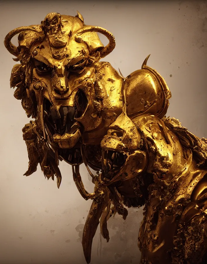 Image similar to Splatterpunk portrait of a golden minotaur mask in the style of greg rutkowski. halo. octane render, cinematic, hyper realism, octane render, 8k, depth of field, bokeh, fur, feathers, iridescent accents