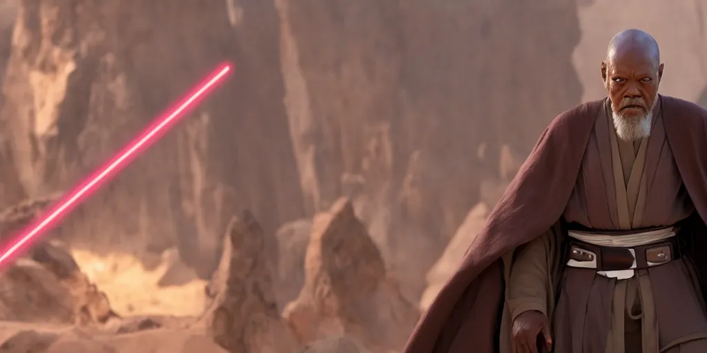 Image similar to obi - wan kenobi disney plus show, old mace windu played by samuel l jackson, standing alone, accurate ultra realistic faces, 4 k, movie still, uhd, sharp, detailed, cinematic, render, modern