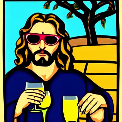 Prompt: pop art of Jesus wearing shades sipping wine and chilling