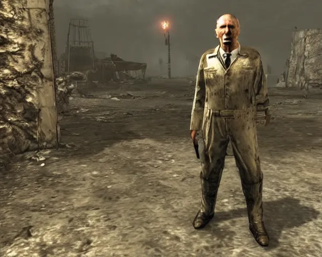 Prompt: Janusz Korwin-Mikke in the centre of a screenshot from the game Fallout: New Vegas (2010), screenshot of an NPC from Fallout: New Vegas (2010)