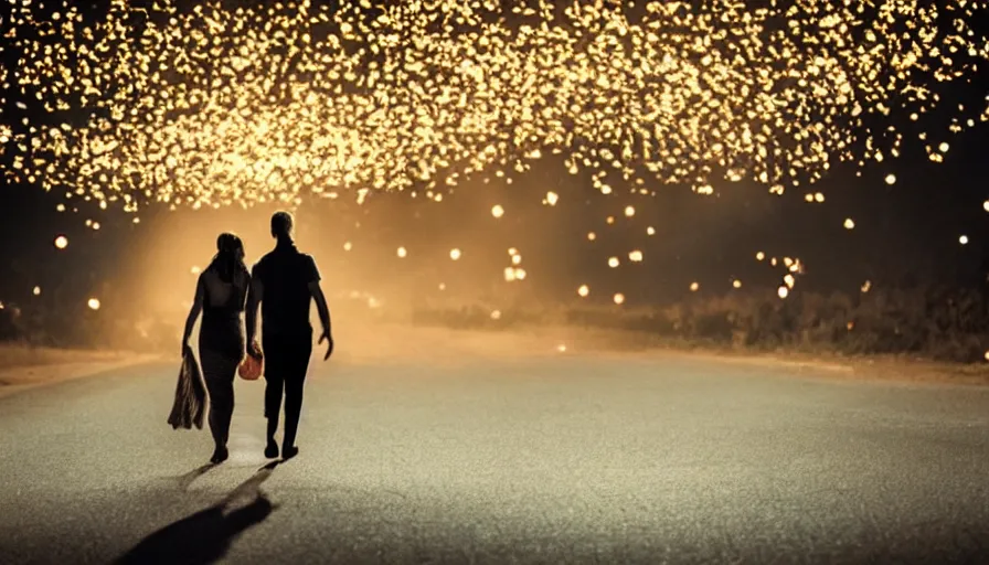 Prompt: couple walking down the street surrounded by fireflies, cinematic lighting, wow, establishing shot