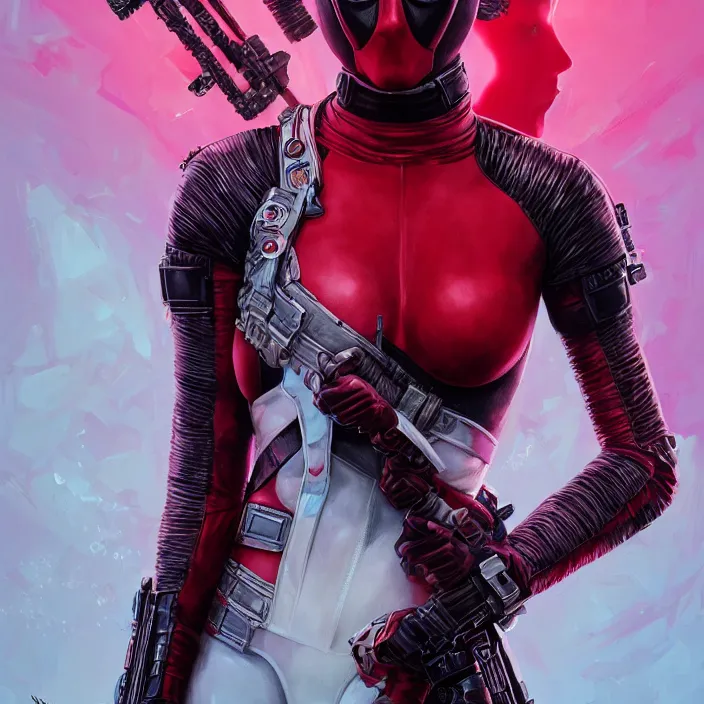 Image similar to charlize theron as lady deadpool. intricate abstract. intricate artwork. by tooth wu, wlop, beeple, dan mumford. octane render, trending on artstation, greg rutkowski very coherent symmetrical artwork. cinematic, hyper realism, high detail, octane render, 8 k, iridescent accents