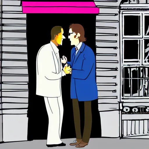 Image similar to john lennon shakes hand with obama outside quaint cafe in the city, cartoon style digital art