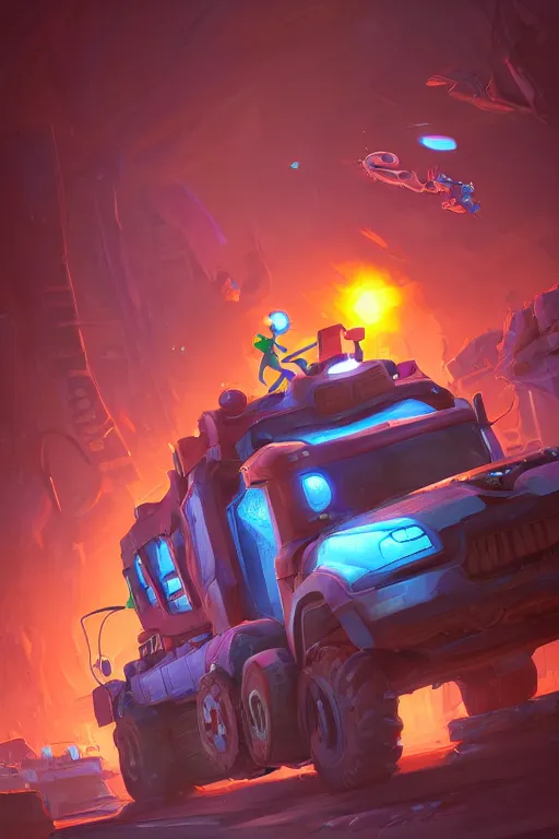 Image similar to pixar style construction truck league of legends wild rift hero champions arcane magic digital painting bioluminance alena aenami artworks in 4 k design by lois van baarle by sung choi by john kirby artgerm style pascal blanche and magali villeneuve sci - fi steampunk construction vehicle