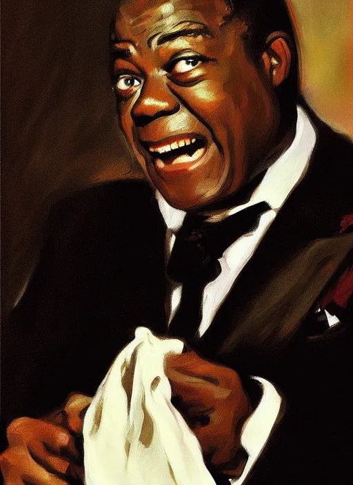 Image similar to a portrait of louis armstrong holding a white handkerchief, by john singer sargent, dramatic lighting, highly detailed digital painting