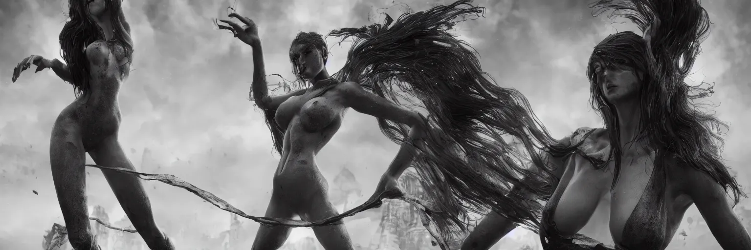 Image similar to epic fantasy render of a beautiful skinny woman body, dark hairs, black and white, highly detailed, cinematic, hyperrealism, dynamic lighting, octane render, cgsociety