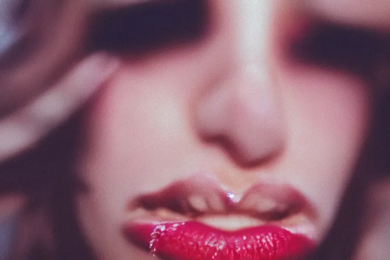 Image similar to film photography, gonzo, close-up of а woman\'s mouth with smeared lipstick , golden hour, 35mm, motion blur