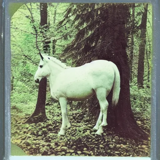 Image similar to polaroid photo of a unicorn! in a forest in the 1 9 6 0 s