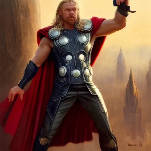 Image similar to Thor holding Mjolnir, detailed, centered, digital painting, artstation, concept art, donato giancola, Joseph Christian Leyendecker, WLOP, Boris Vallejo, Breathtaking, 8k resolution, extremely detailed, beautiful, establishing shot, artistic, hyperrealistic, beautiful face, octane render, cinematic lighting, dramatic lighting, masterpiece