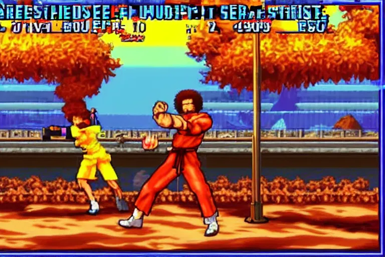 Image similar to bob ross as a character in street fighter arcade game