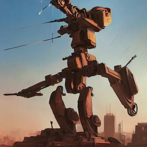 Image similar to six meters tall mech fighting in an urban environment, mechanized warfare, hyperrealistic, cinematic, by weta digital, epic action pose, gaudi, behance hd by jesper ejsing, by rhads, makoto shinkai and lois van baarle, ilya kuvshinov