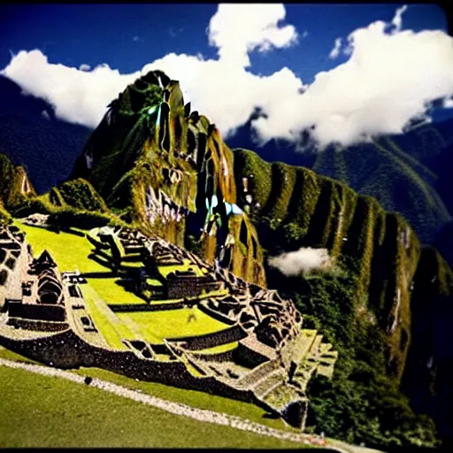 Prompt: ufo landing in machu picchu, photo 1 9 5 0,