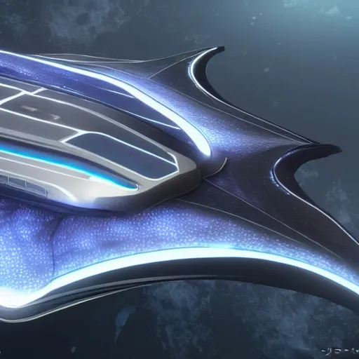 Image similar to a manta ray shaped futuristic spaceship, Midjourney AI style, ultra-detailed, hyper-realistic, 8k, trending in Midjourney