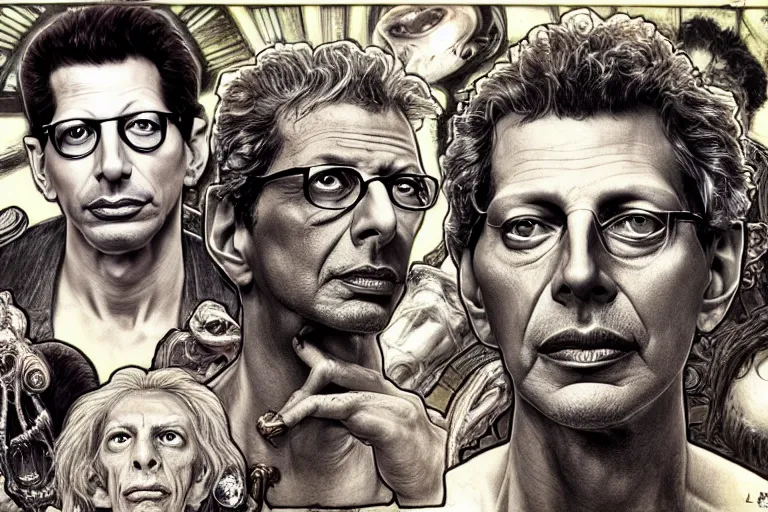 Image similar to hyper realistic portrait of wider faced jeff goldblum, silver haired, the fly, the thing, body horror, cronenberg, by hr giger, by lee bermejo, alphonse mucha and greg rutkowski