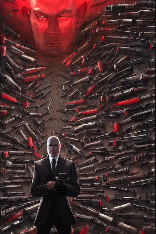 Image similar to an intricate and expressive portrait of agent 4 7 from hitman choosing a weapon from a wall full of guns, dark background, red rim light, highly detailed, digital art, artstation, concept art by giger stalenhag