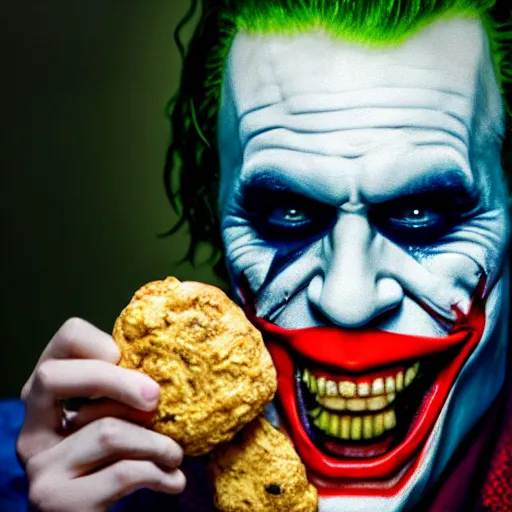 Image similar to cinematic shot of the joker biting into a flour biscuit, 8 k, very detailed, very intricate,