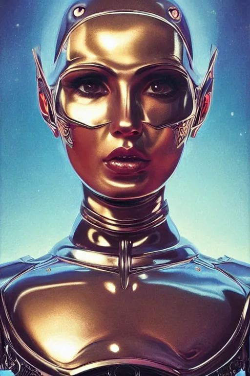 Image similar to retro-futuristic portrait of a beautiful female android in old scratchy chrome armour, ornate background, rim light, ornate pattern, glowing eyes, evil expression, high details, intricate details, renaissance painting by vincent di fate, artgerm julie bell beeple, 80s, Smooth gradients, High contrast, depth of field, very coherent symmetrical artwork