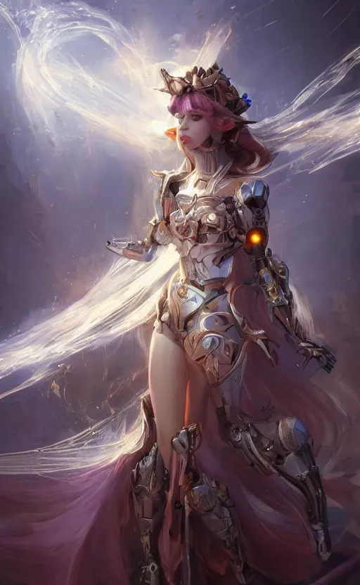 Prompt: Alluring Elf Princess knight, ((((Futuristic Cyborg goddes))). By Frank Lloyd Wright, by Rembrandt (1667), concept art, inrincate, sharp focus, digital painting, unreal engine, cgsociety, neoclassical, mech, robot, fractal flame, cinematic, overwatch skin, highly detailded