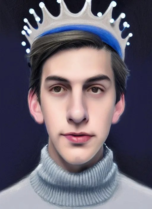 Image similar to portrait of teenage jughead jones wearing a light grey crown, crown, blue turtleneck, 1 9 5 0 s, closed eyes, photorealistic, black hair, glowing lighting, intricate, elegant, glowing lights, highly detailed, digital painting, artstation, concept art, smooth, sharp focus, illustration, art by wlop, mars ravelo and greg rutkowski