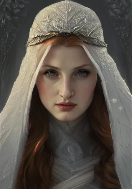 Image similar to sansa angeline jolie gessica chastain snow queen, intricate, elegant, highly detailed, digital painting, artstation, concept art, smooth, sharp focus, illustration, art by artgerm and greg rutkowski and alphonse mucha and william - adolphe bouguereau