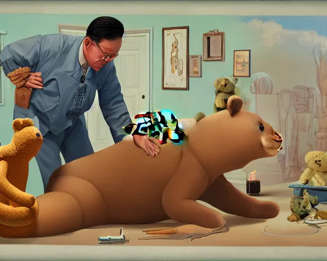 Prompt: the famous snake oil salesman Uncle Aloysius curing a patient of 🐻🐻🐻, painting by Grant Wood, 3D rendering by Beeple, sketch by R. Crumb