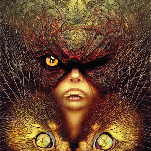 Prompt: realistic detailed image of kitten monster, Amano, Karol Bak, Greg Hildebrandt, and Mark Brooks, Neo-Gothic, gothic, rich deep colors. Beksinski painting, part by Adrian Ghenie and Gerhard Richter. art by Takato Yamamoto. masterpiece