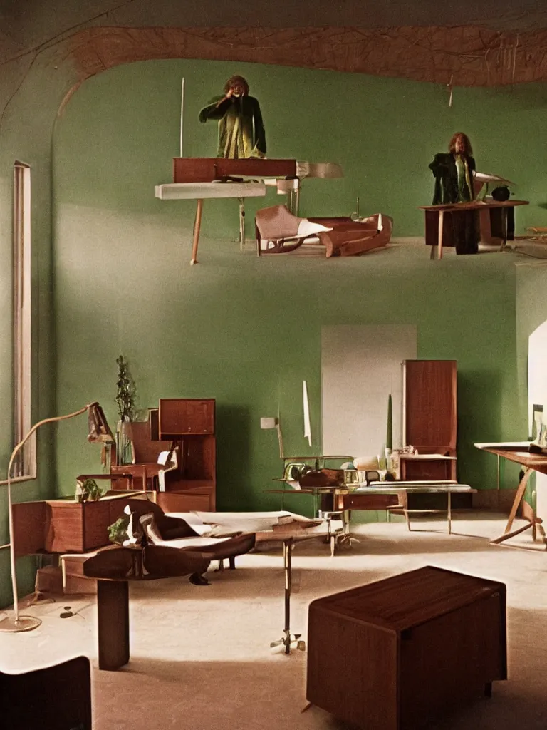 Image similar to a still of severance series indoor 7 0 s green velvet and wood with metal furniture office scenario appearing in a film of jodorowsky, in movie holy mountain ( 1 9 7 3 )