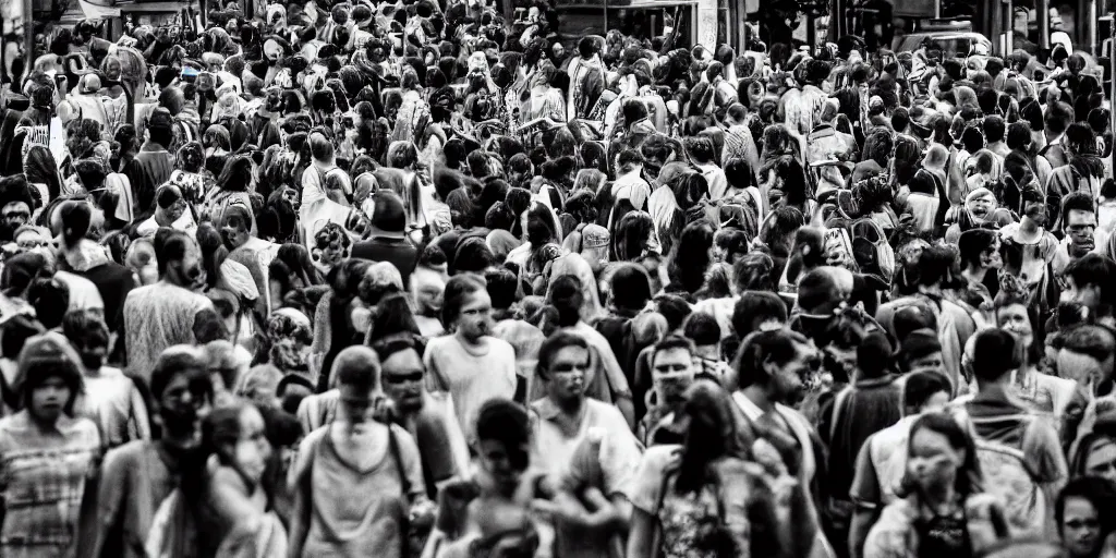 Prompt: Humanity encounters another intelligent civilisation from another planet, people flock to the streets to witness, black and white, depth of field