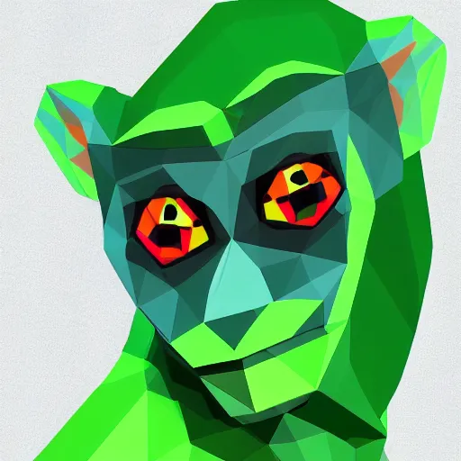 Image similar to polygon art style of a portrait of a green monkey, digital art, blender 3 d, octaine