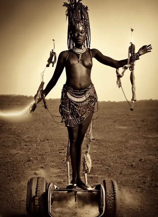 Prompt: old vintage full body photo of African ancient shaman female on the complex big steam punk hooverboard with antigravity engine, extreme sports photography , dynamic photography,clean symmetrical face, high speed,dirt and grawel flying in the spot, lens flares, dust in the air, dramatic lighting, intricate, highly detailed, centered, smooth, sharp focus, sports photography, old photo, black and white, sepia, cinematic lighting, cinematic angle, national geographic