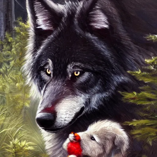 Image similar to a majestic large black wolf with red eyes curled around a small, fragile and cute white rabbit lovingly to protect it from the dangerous forest that is all around them, oil painting, award winning, 4k, high quality, high detail