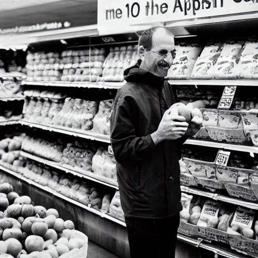 Image similar to Steve jobs selling apples on a supermarket, 35mm lens