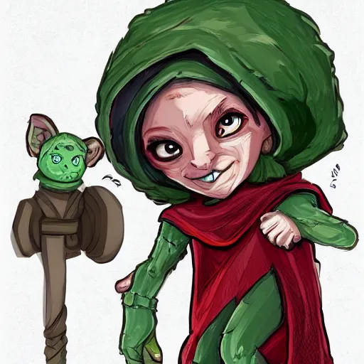 Image similar to Cute Goblin Cleric Girl with large expressive eyes and a red scarf, hatched ear, green skin, by Luke Pearson, Cornelia Geppert, digital illustration, comic style, cartoon style, concept art