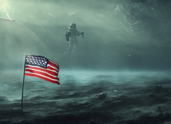 Image similar to astronaut holding a flag in an underwater desert. a submarine is visible in the distance. dark, concept art, cinematic, dramatic, atmospheric, 8 k, trending on artstation, blue, fish, low visibility, fog, ocean floor, christopher nolan, interstellar