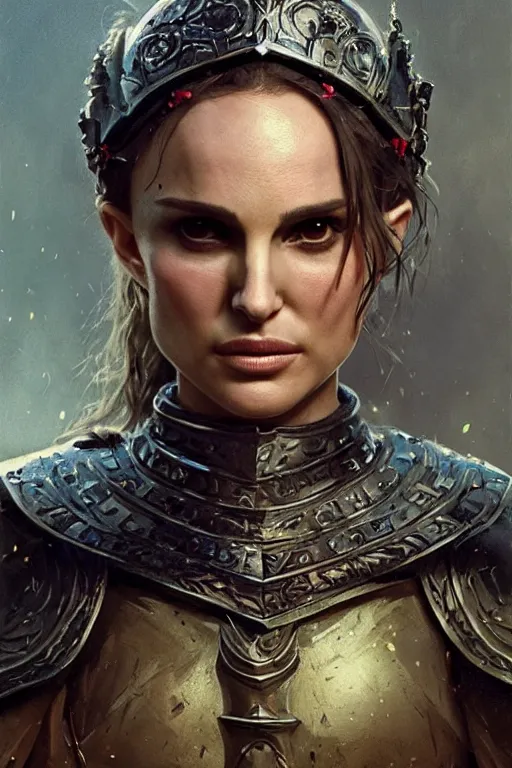 Image similar to natalie portman, legendary warrior, heroic, lord of the rings, tattoos, decorative ornaments, battle armor, by carl spitzweg, ismail inceoglu, vdragan bibin, hans thoma, greg rutkowski, alexandros pyromallis, perfect face, fine details, realistic shading photorealism