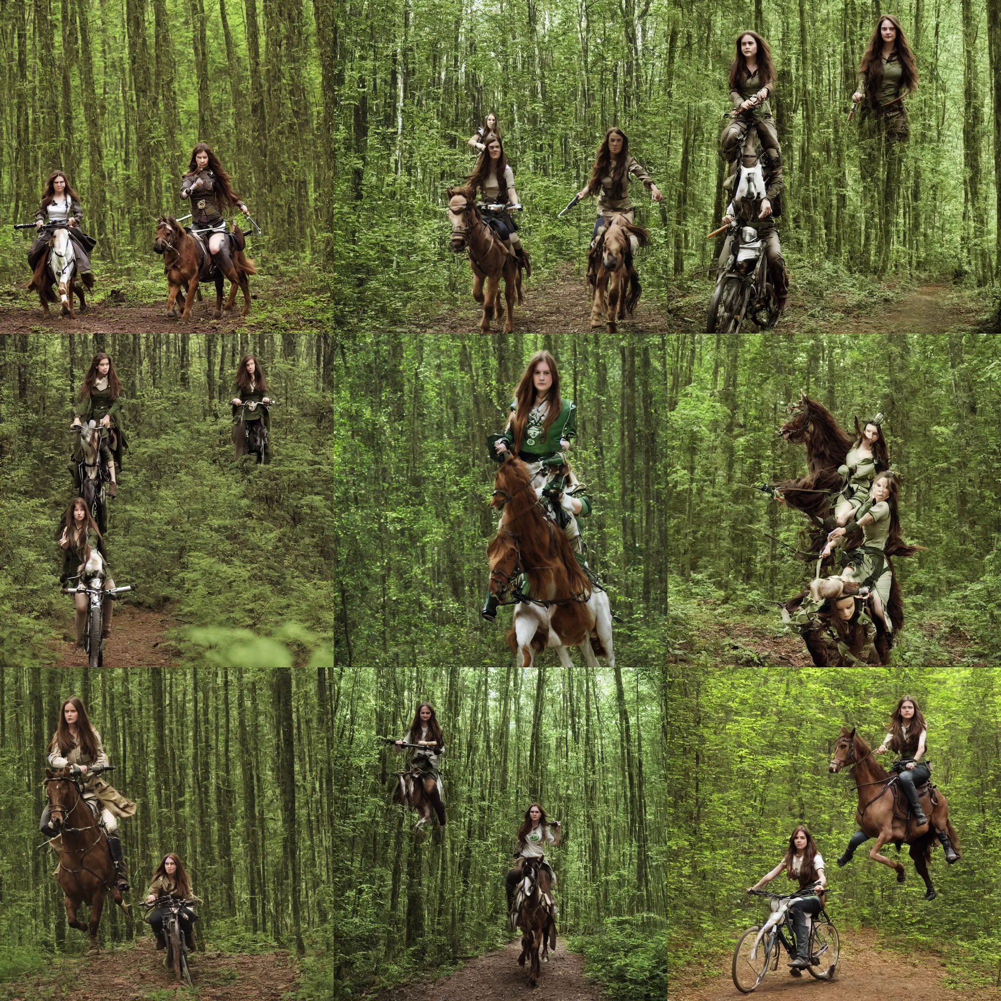 Prompt: a young woman with long brown hair, wearing a green uniform, riding through evergreen forest, with saber at hand