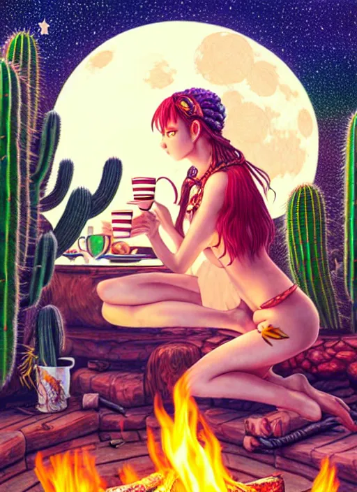 Image similar to richly detailed colored pencil 3 d illustration spartan drinking tea at campfire with trichocereus background and smoke haze full moon ayahuasca peyote art by range murata and artgerm