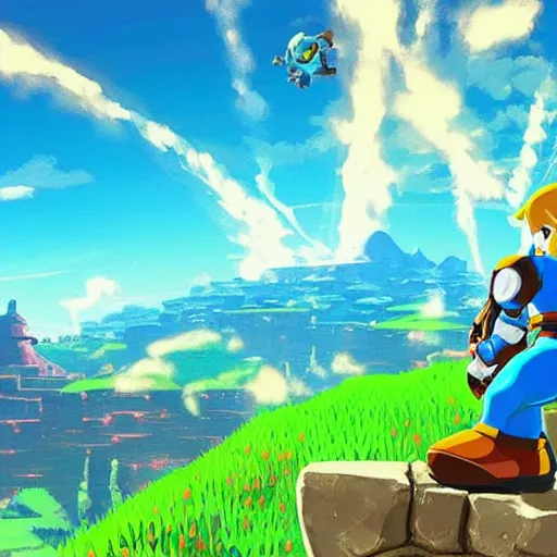 Prompt: Mega Man in The Legend of Zelda Breath of the Wild