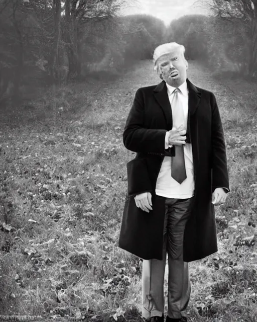 Image similar to if donald trump became a hippie, photoshoot in the style of diane arbus, hyperreal